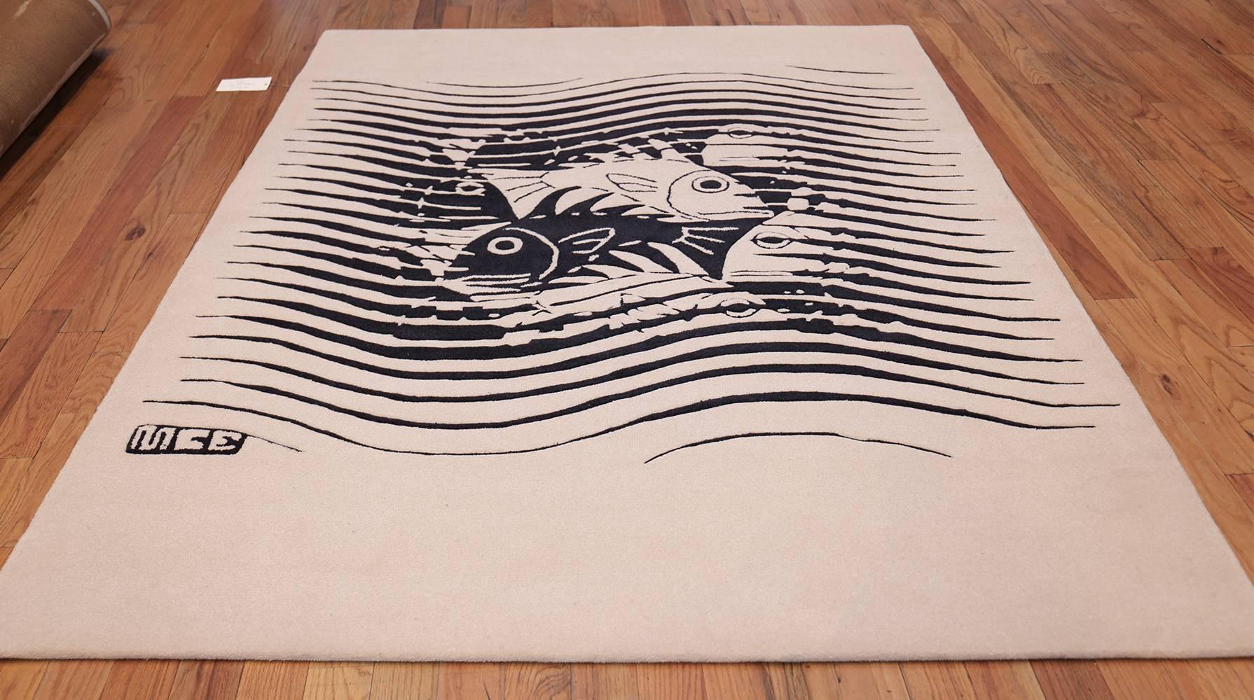 Black & White Vintage Maurits Escher Designed Scandinavian Rug. Size:5' 7