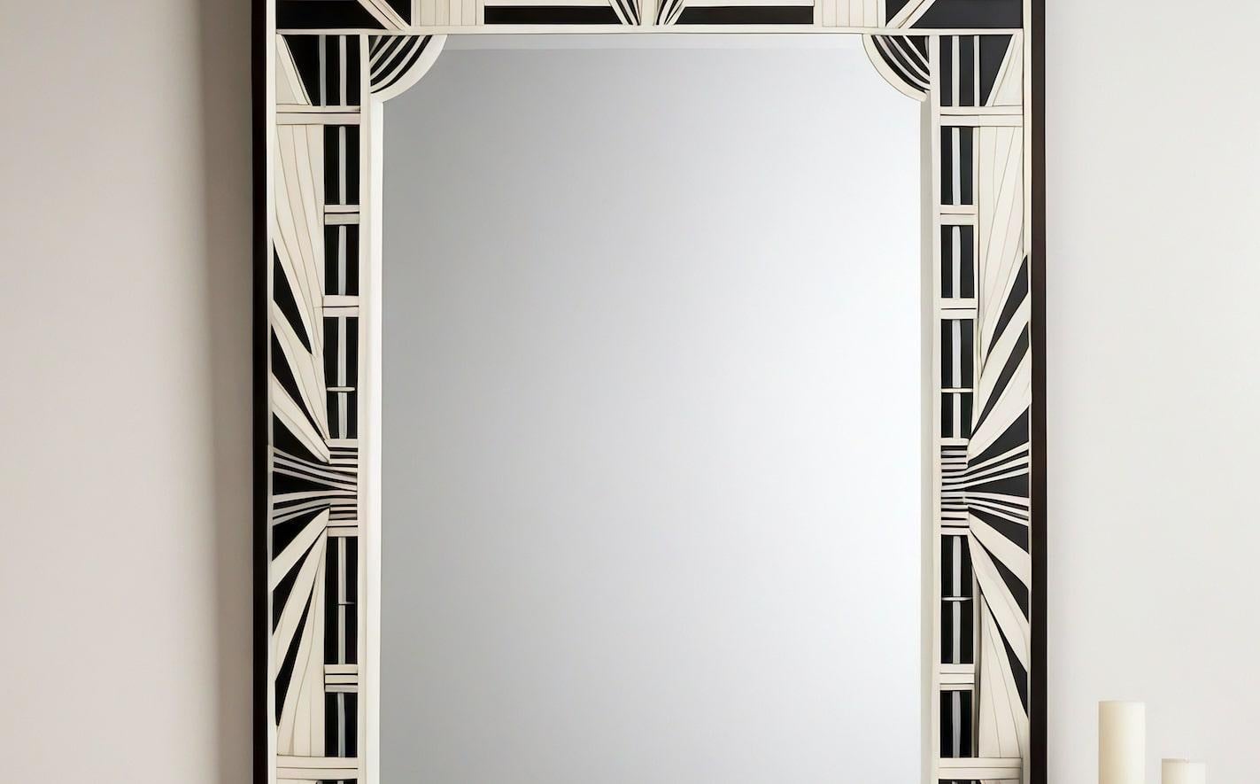 Espejo de Pared Blanco y Negro Inspirado en el Art Deco, Hecho a Mano por Artesanos Indio en venta
