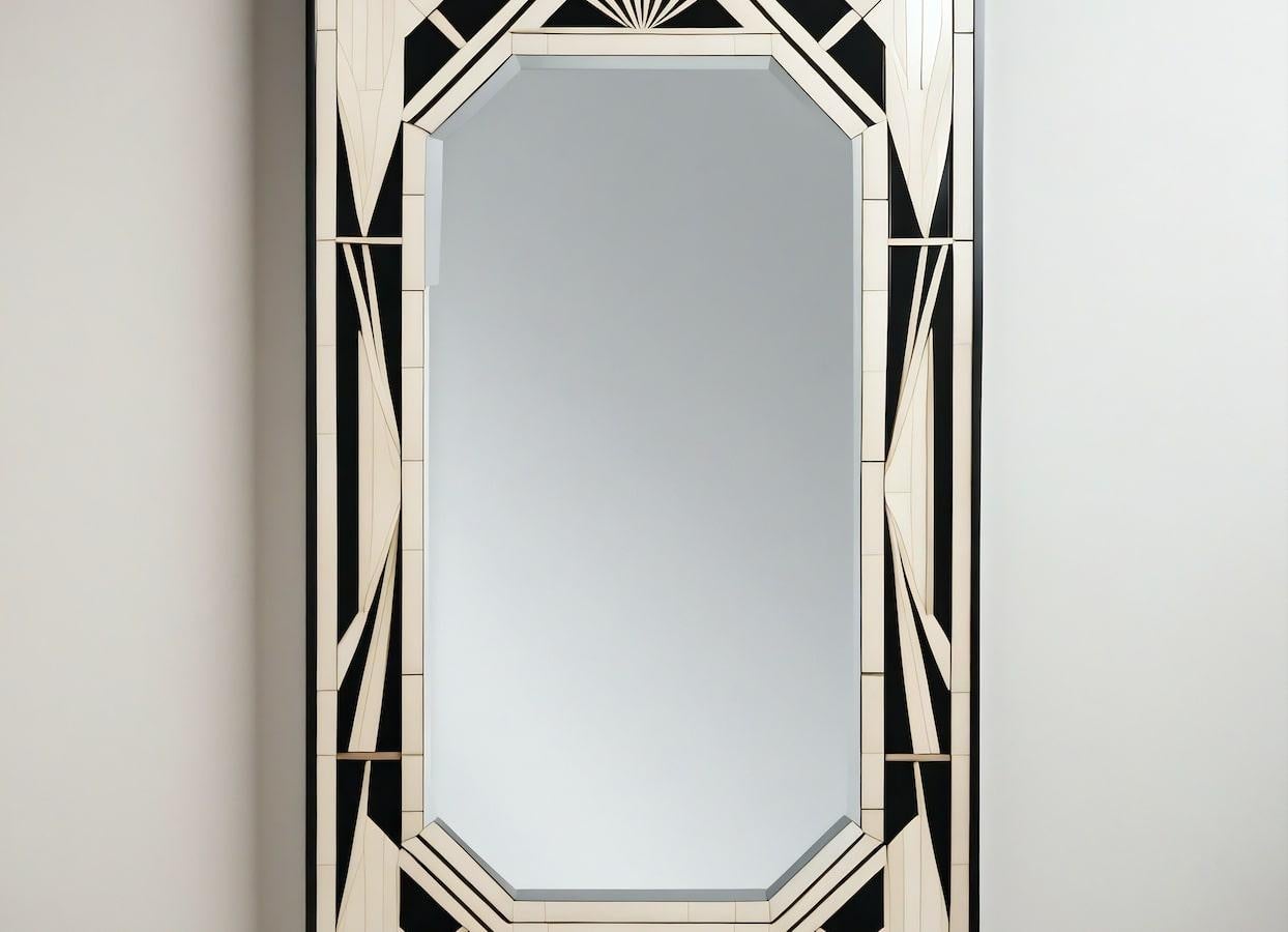 Espejo de Pared Blanco y Negro Inspirado en el Art Deco, Hecho a Mano por Artesanos Indio en venta