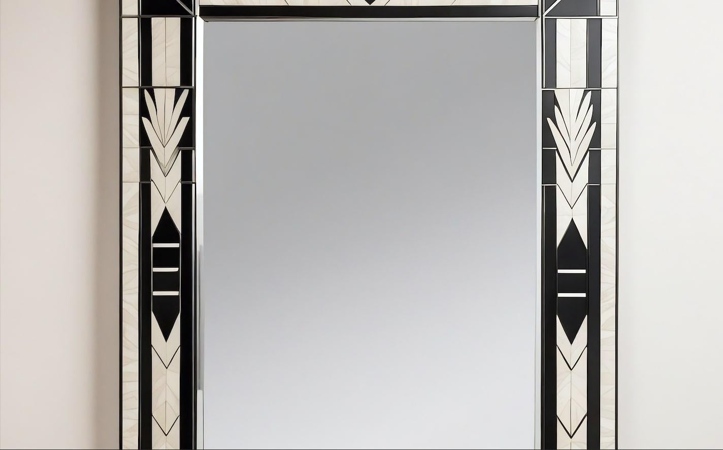 Espejo de Pared Blanco y Negro Inspirado en el Art Deco, Hecho a Mano por Artesanos Indio en venta
