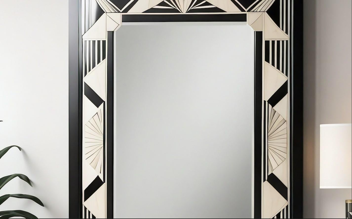 Espejo de Pared Blanco y Negro Inspirado en el Art Deco, Hecho a Mano por Artesanos Indio en venta