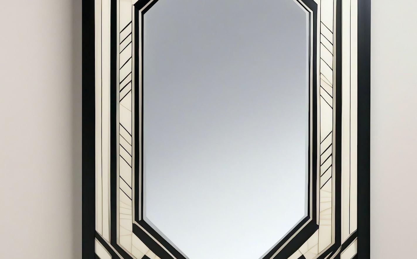 Indien Miroir mural noir et blanc inspiré de l'Art Deco, fabriqué à la main par Artisanal en vente
