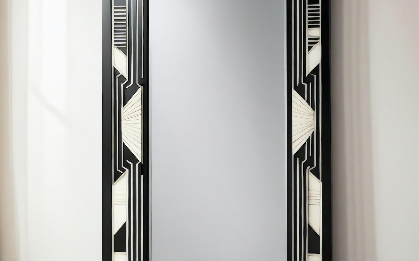 Espejo de Pared Blanco y Negro Inspirado en el Art Deco, Hecho a Mano por Artesanos Indio en venta