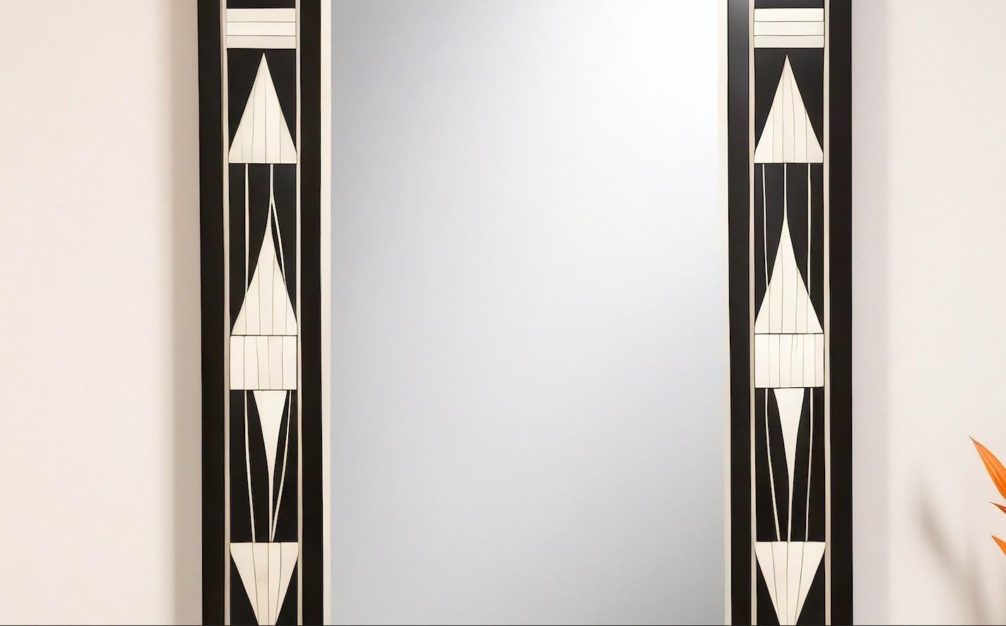 Espejo de Pared Blanco y Negro Inspirado en el Art Deco, Hecho a Mano por Artesanos Indio en venta