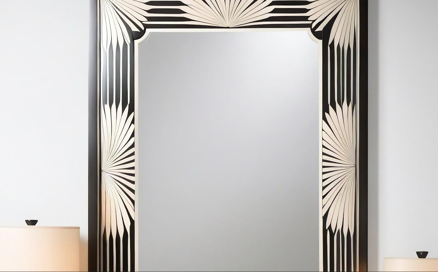 Espejo de Pared Blanco y Negro Inspirado en el Art Deco, Hecho a Mano por Artesanos Indio en venta