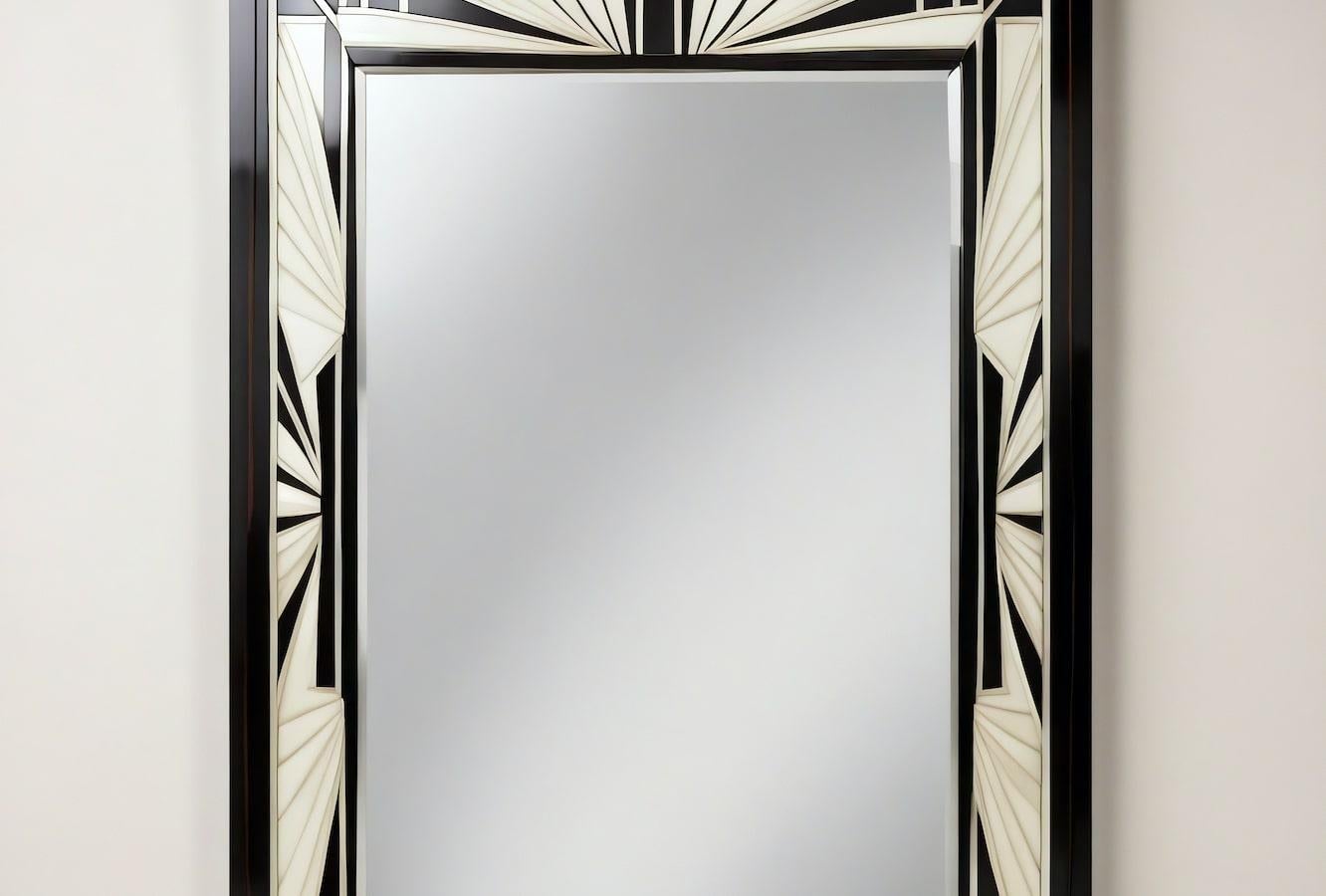 Espejo de Pared Blanco y Negro Inspirado en el Art Deco, Hecho a Mano por Artesanos Indio en venta