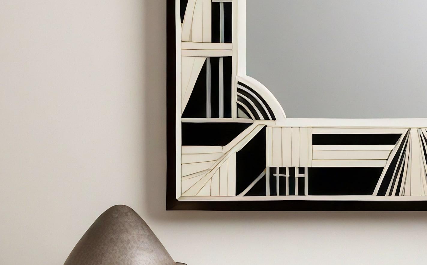 Espejo de Pared Blanco y Negro Inspirado en el Art Deco, Hecho a Mano por Artesanos Incrustación en venta