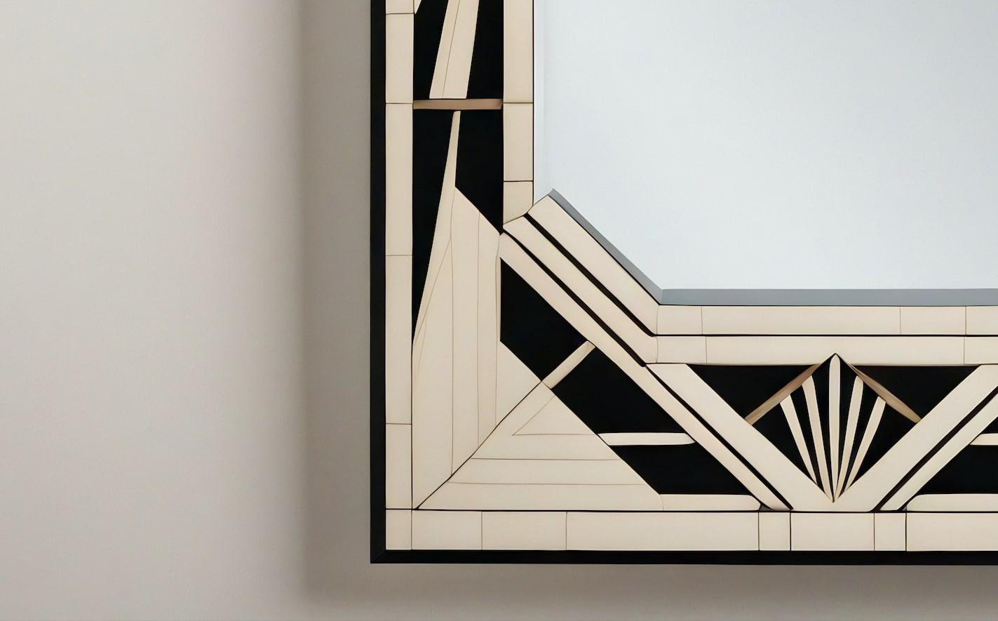 Espejo de Pared Blanco y Negro Inspirado en el Art Deco, Hecho a Mano por Artesanos Incrustación en venta