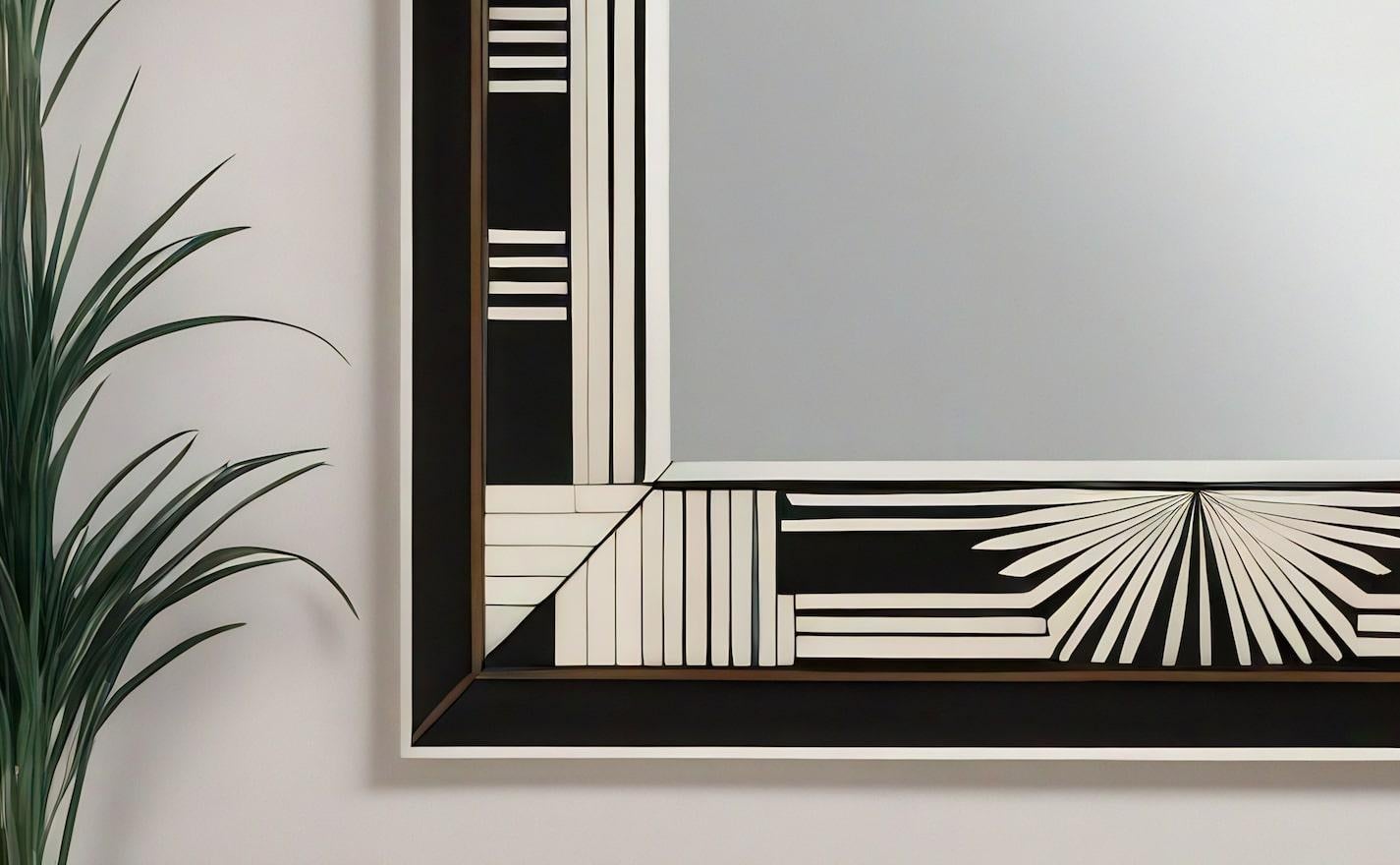 Espejo de Pared Blanco y Negro Inspirado en el Art Deco, Hecho a Mano por Artesanos Incrustación en venta