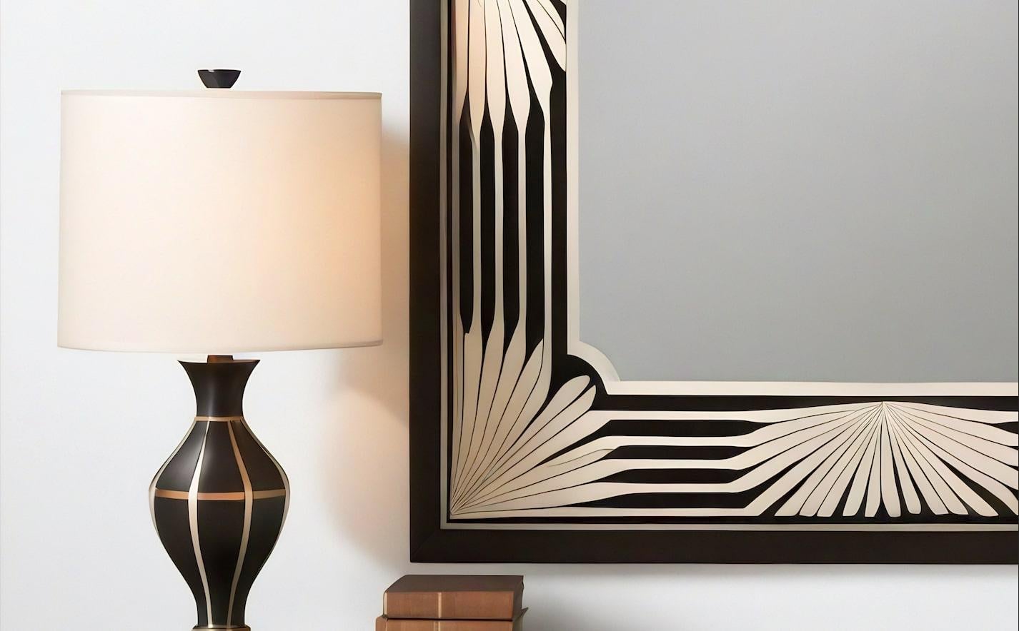 Espejo de Pared Blanco y Negro Inspirado en el Art Deco, Hecho a Mano por Artesanos Incrustación en venta