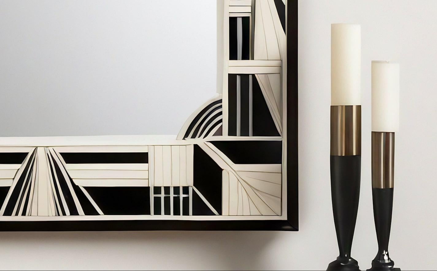 Espejo de Pared Blanco y Negro Inspirado en el Art Deco, Hecho a Mano por Artesanos en Nuevo estado para la venta en New York, NY