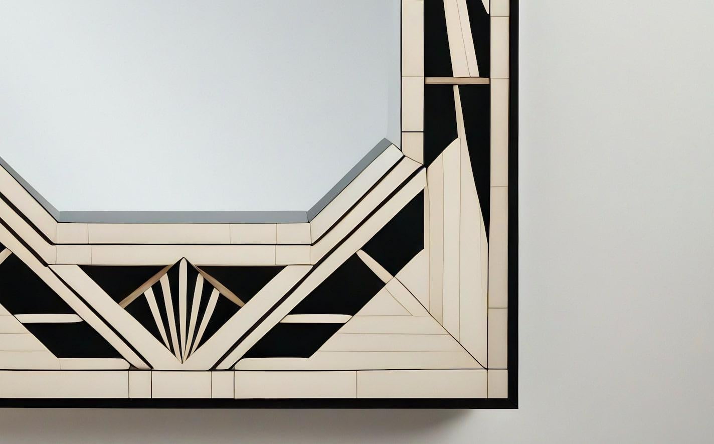 Espejo de Pared Blanco y Negro Inspirado en el Art Deco, Hecho a Mano por Artesanos en Nuevo estado para la venta en New York, NY