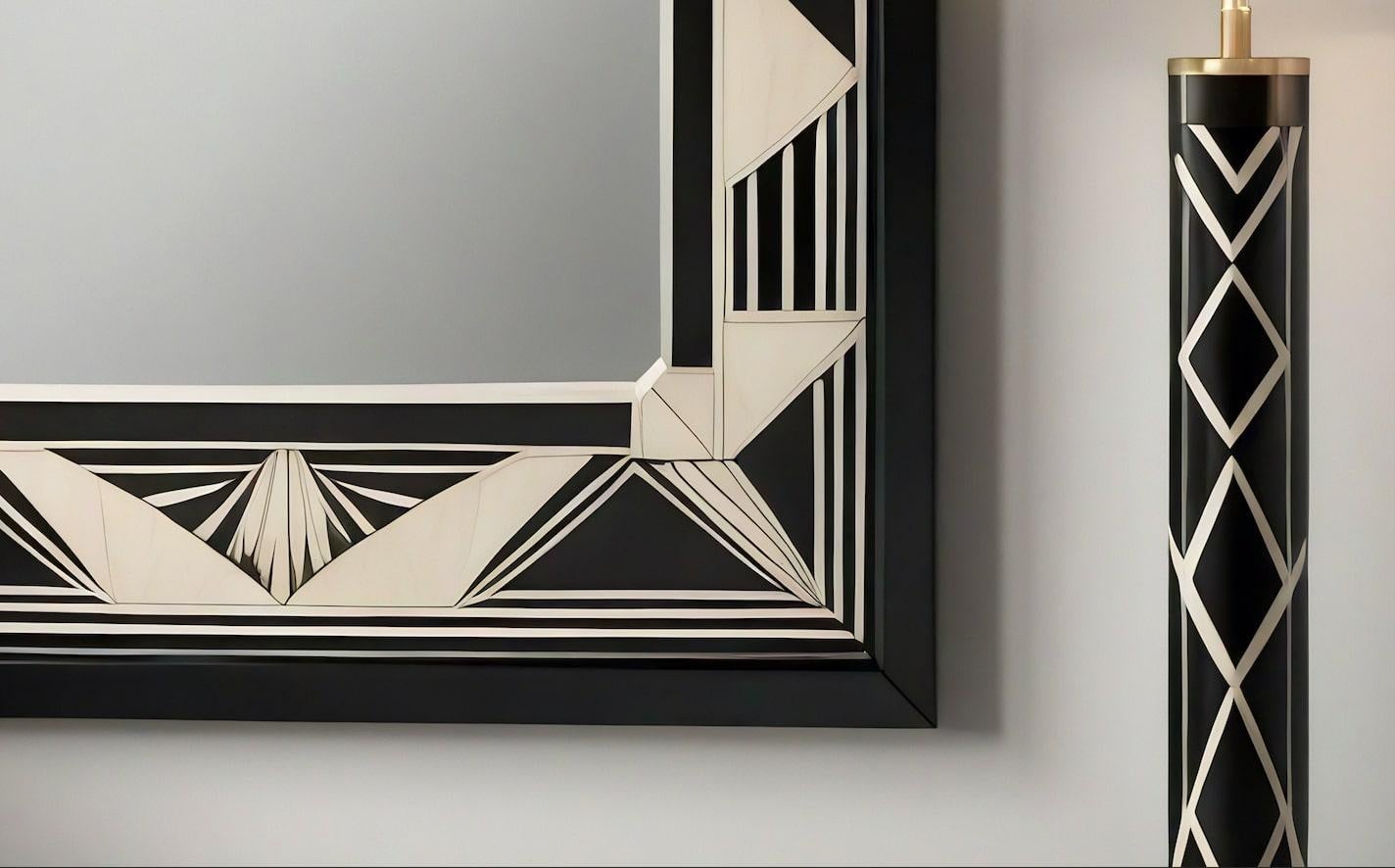 Espejo de Pared Blanco y Negro Inspirado en el Art Deco, Hecho a Mano por Artesanos en Nuevo estado para la venta en New York, NY