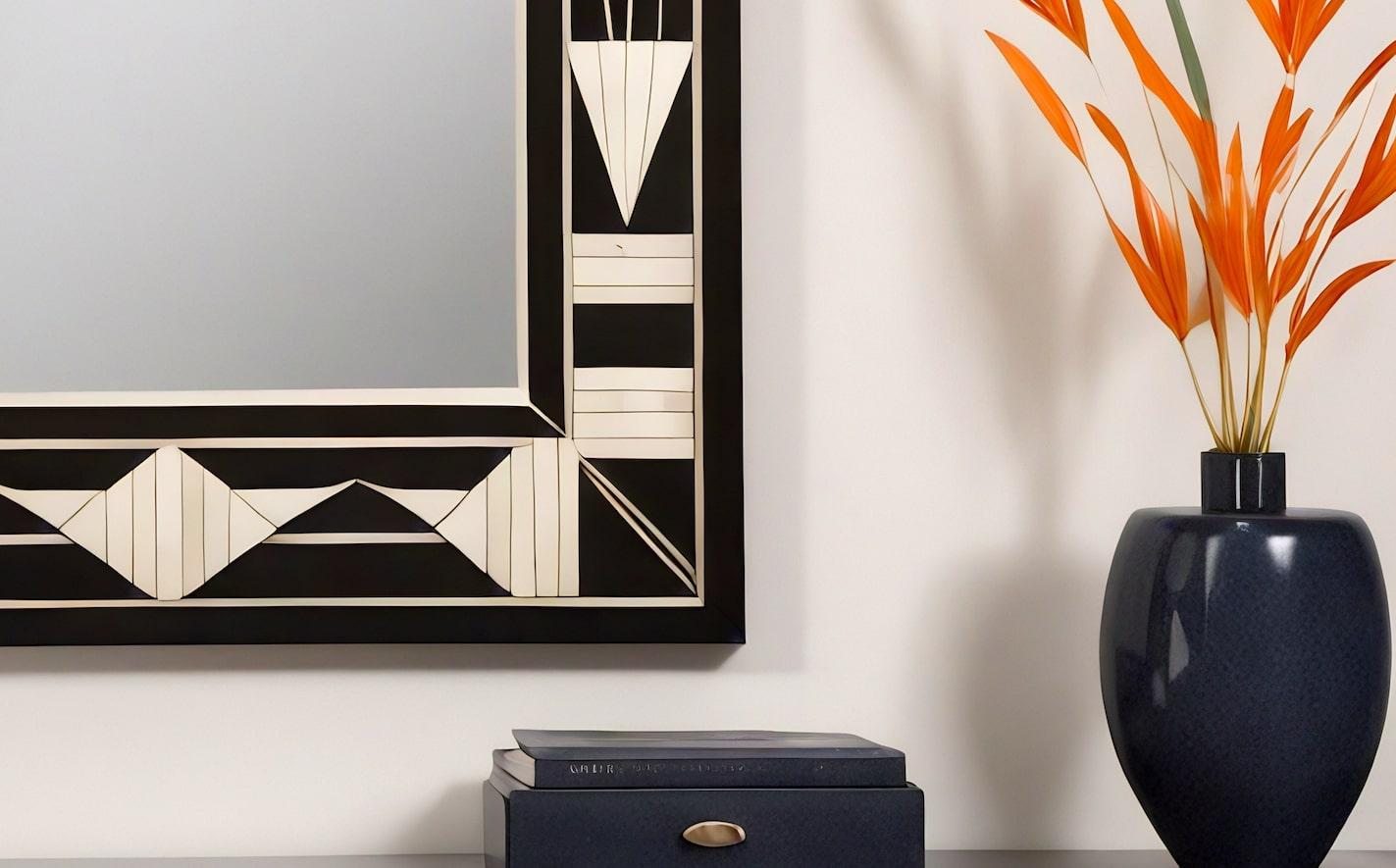 Espejo de Pared Blanco y Negro Inspirado en el Art Deco, Hecho a Mano por Artesanos en Nuevo estado para la venta en New York, NY