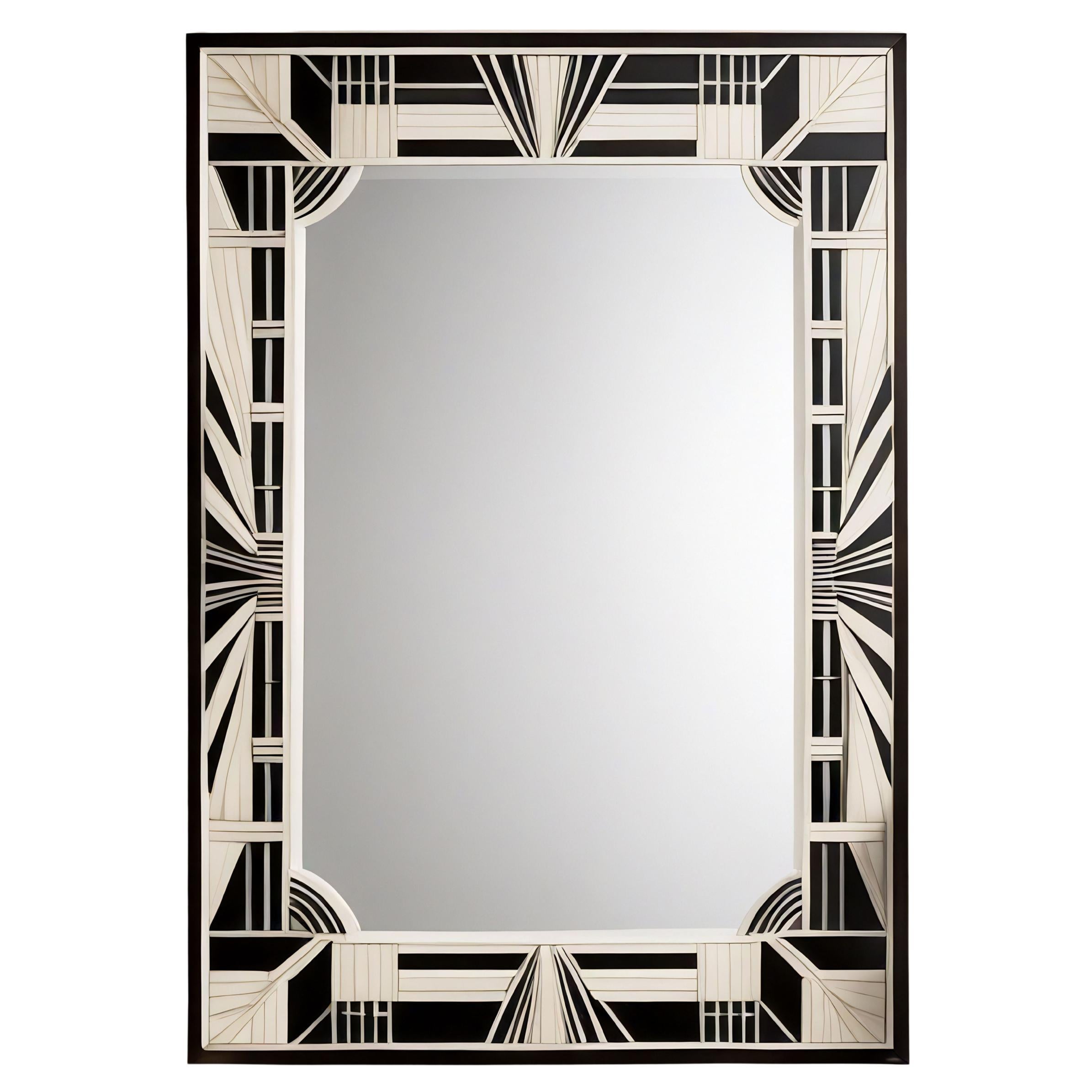 Espejo de Pared Blanco y Negro Inspirado en el Art Deco, Hecho a Mano por Artesanos en venta