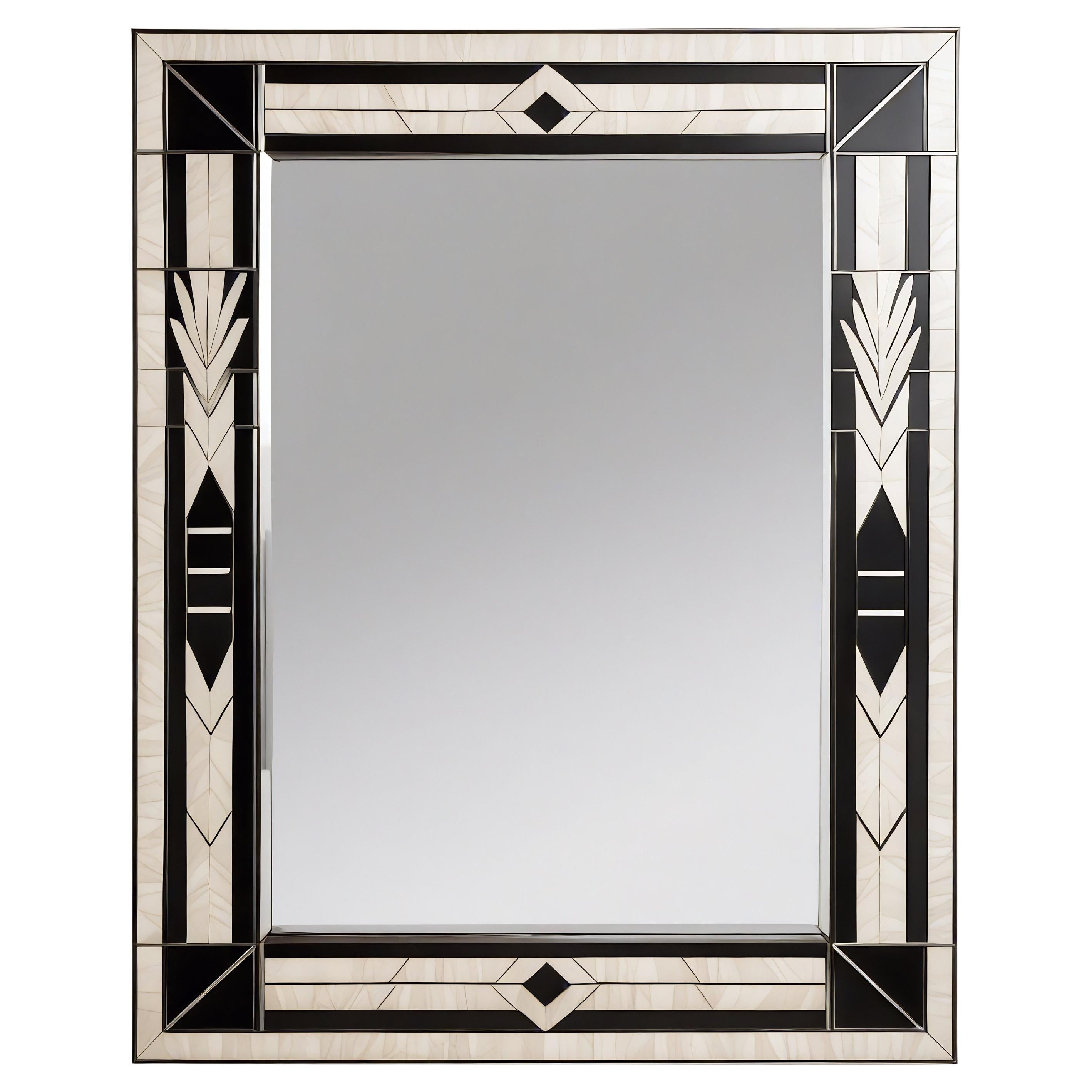 Espejo de Pared Blanco y Negro Inspirado en el Art Deco, Hecho a Mano por Artesanos en venta