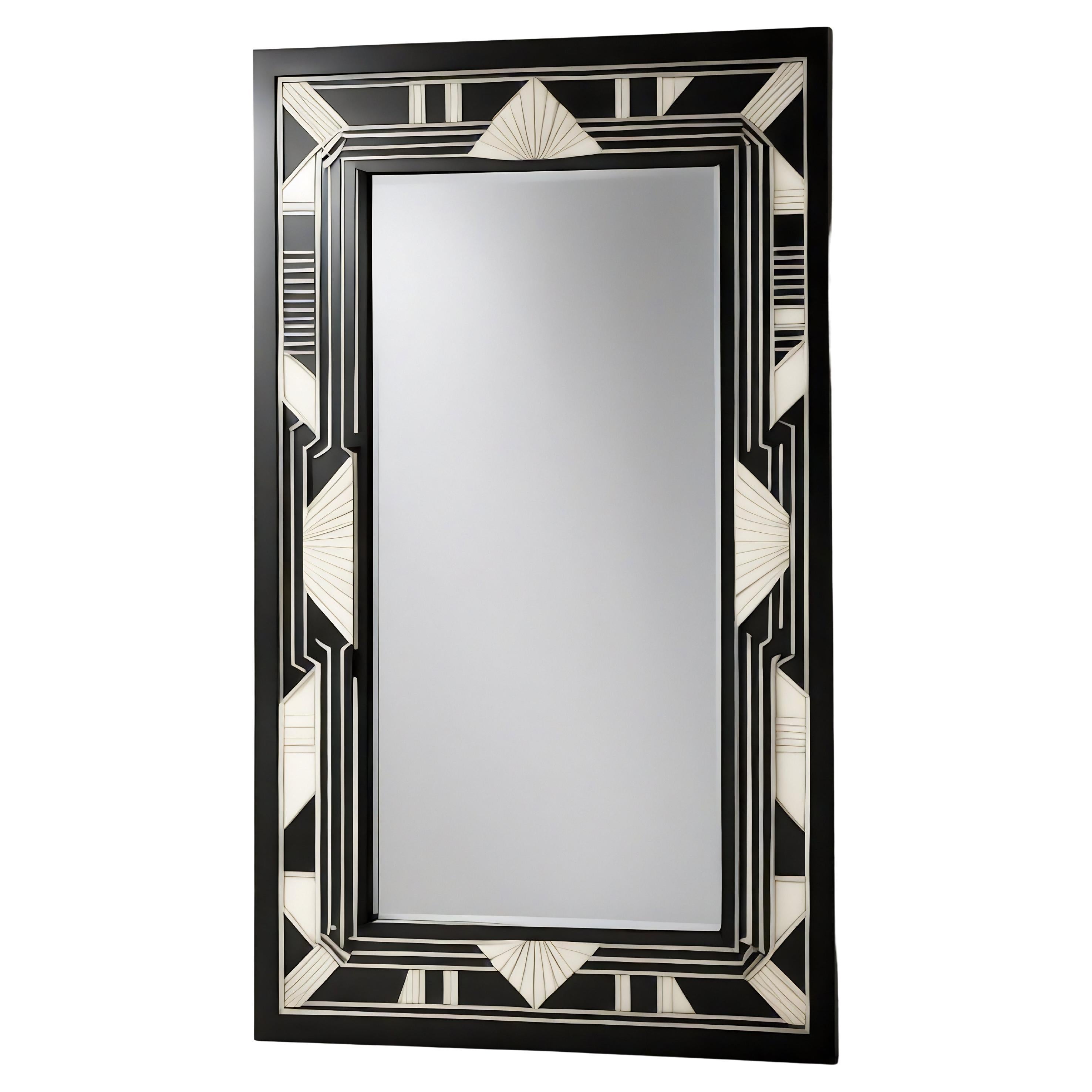 Espejo de Pared Blanco y Negro Inspirado en el Art Deco, Hecho a Mano por Artesanos en venta