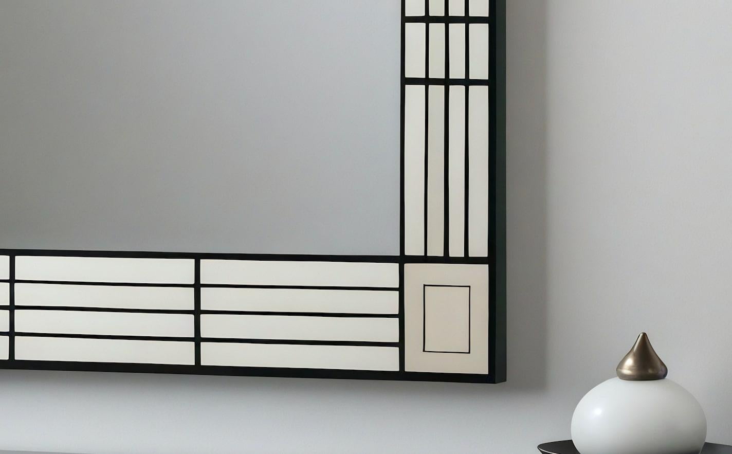 Legno Specchio da parete in bianco e nero ispirato a De Stijl, realizzato a mano da Artisanal in vendita