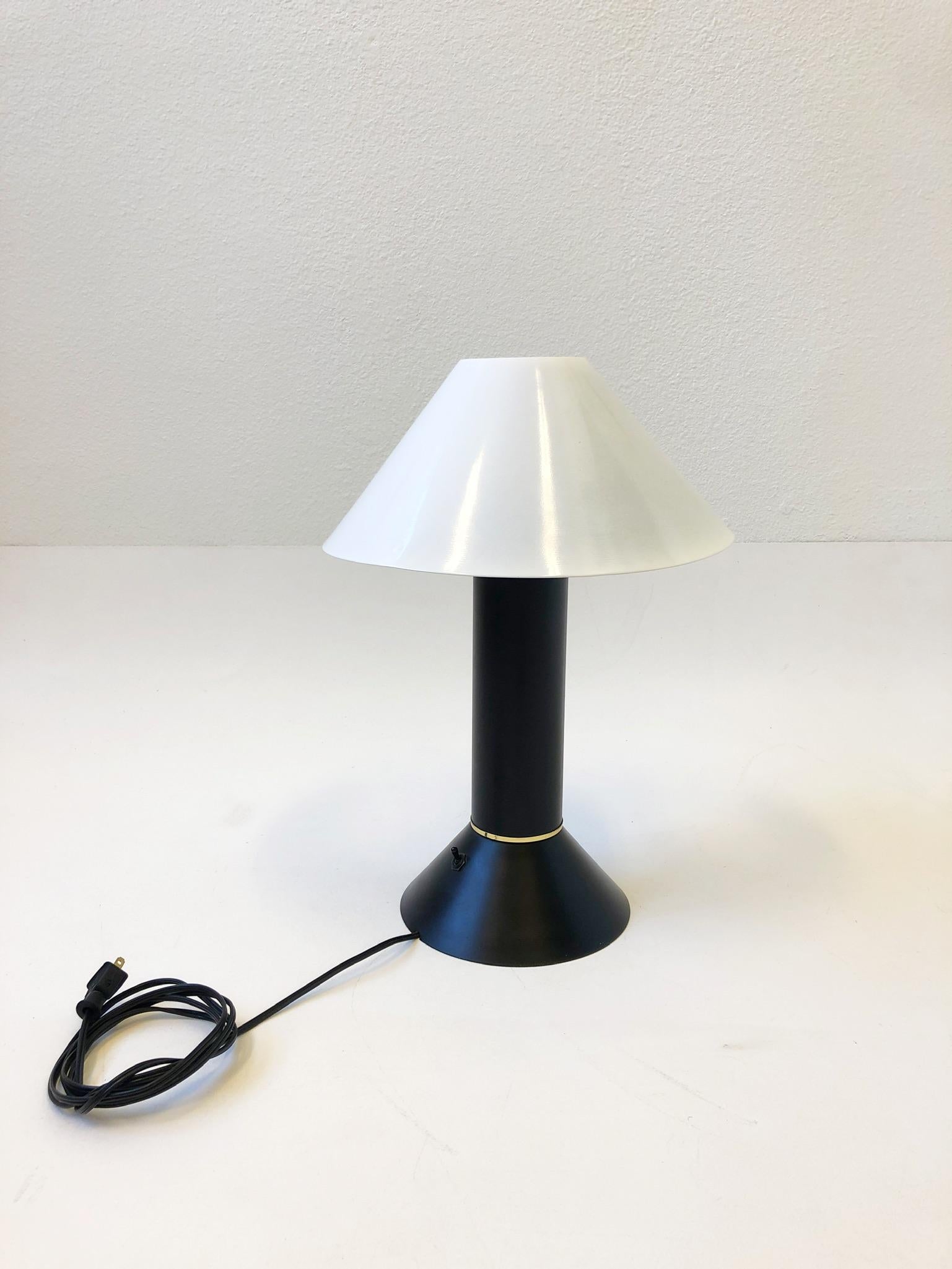 Powder-Coated Black and White with Brass Details Table Lamp by Ron Rezek For Sale