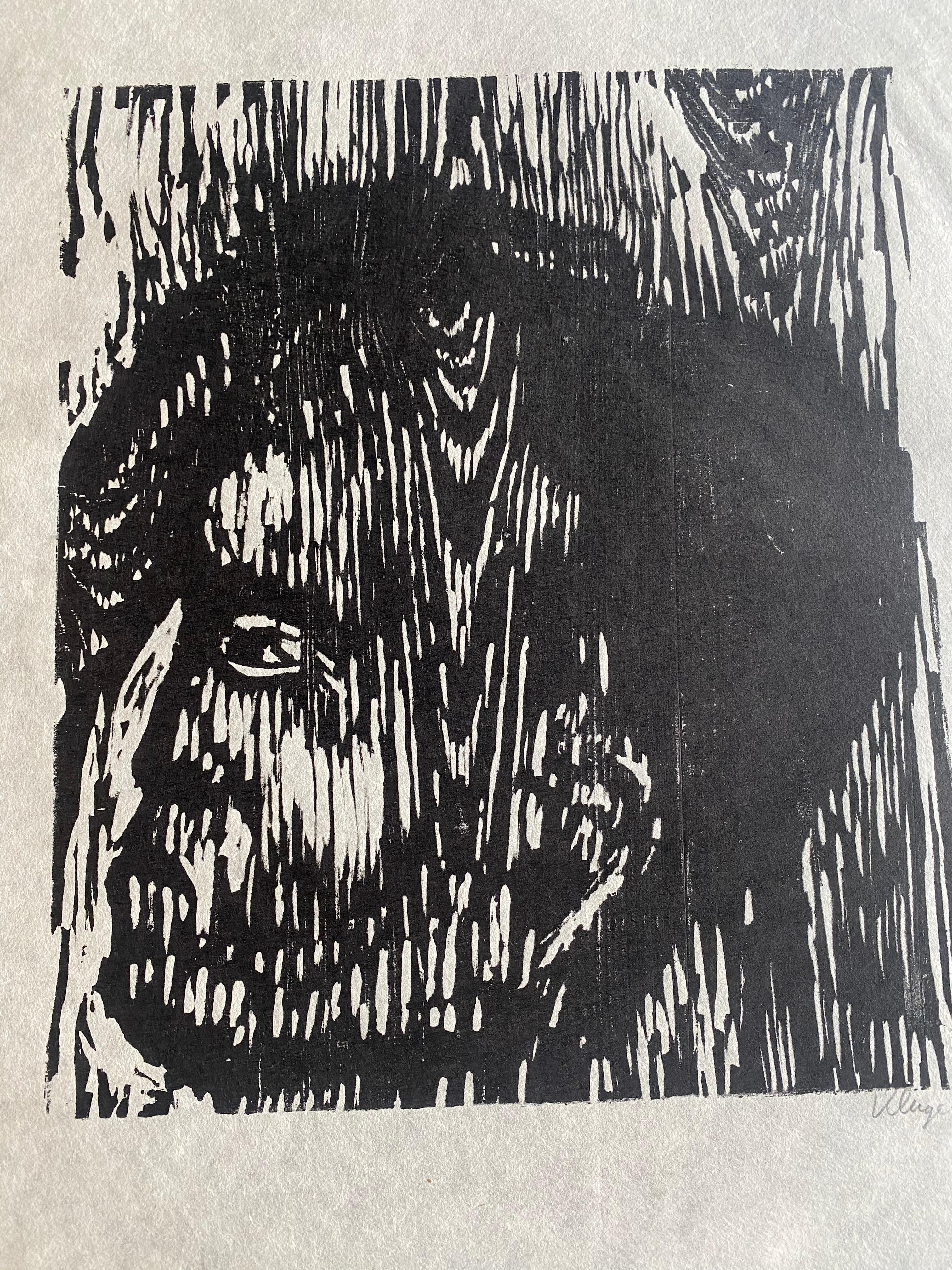 Schwarzer und weißer Holzschnitt auf Japanpapier, signiert Gustav Kluge „Supported Head“ im Angebot 2