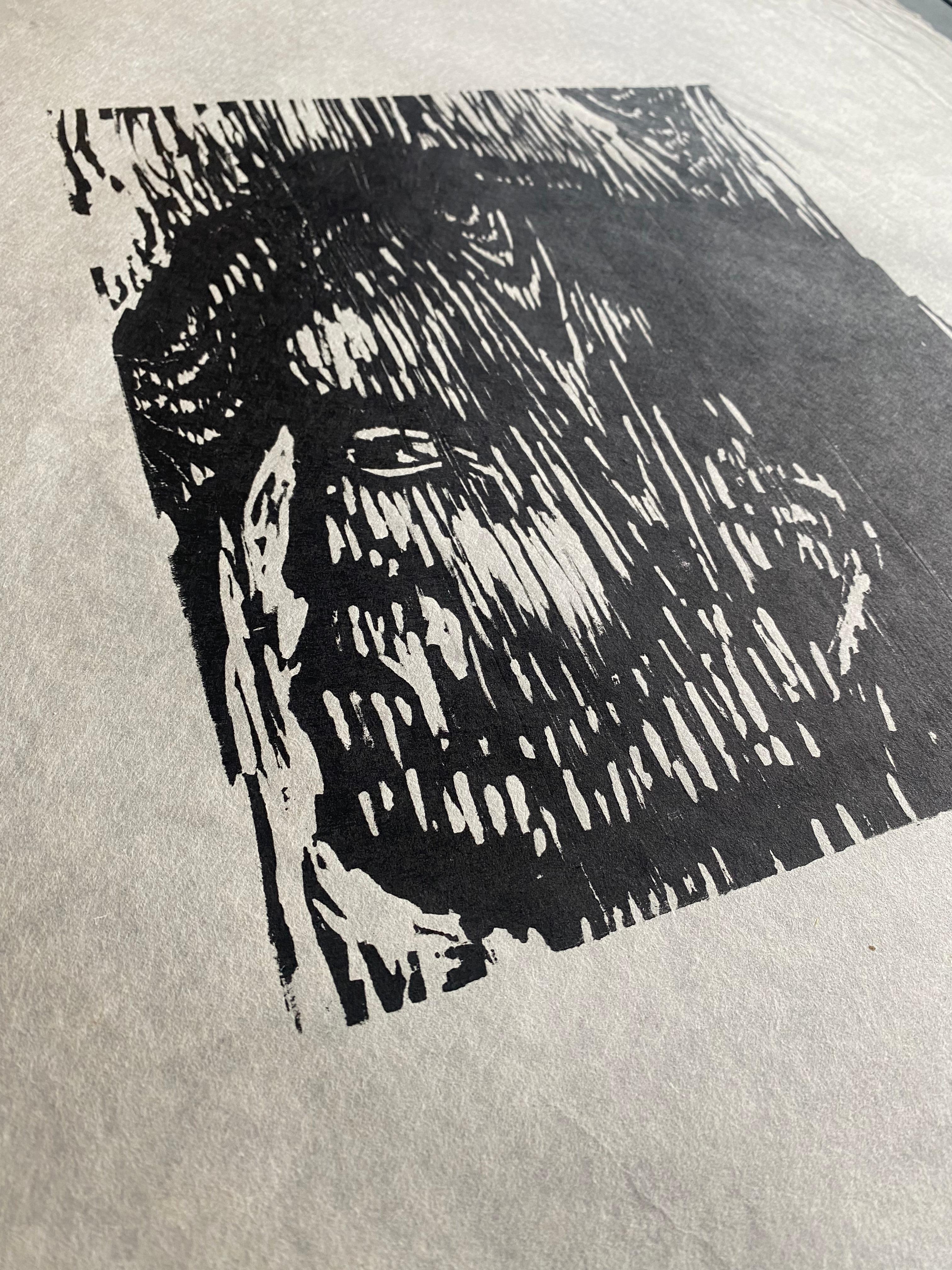 Schwarzer und weißer Holzschnitt auf Japanpapier, signiert Gustav Kluge „Supported Head“ im Angebot 3