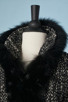 Black and white wool chiné coat with fox edge BAYA