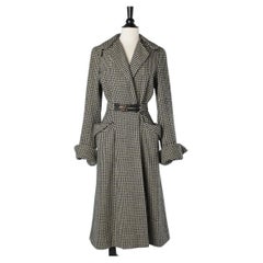 Vintage Black and white wool houndstooth pattern coat with belt Circa 1940's 