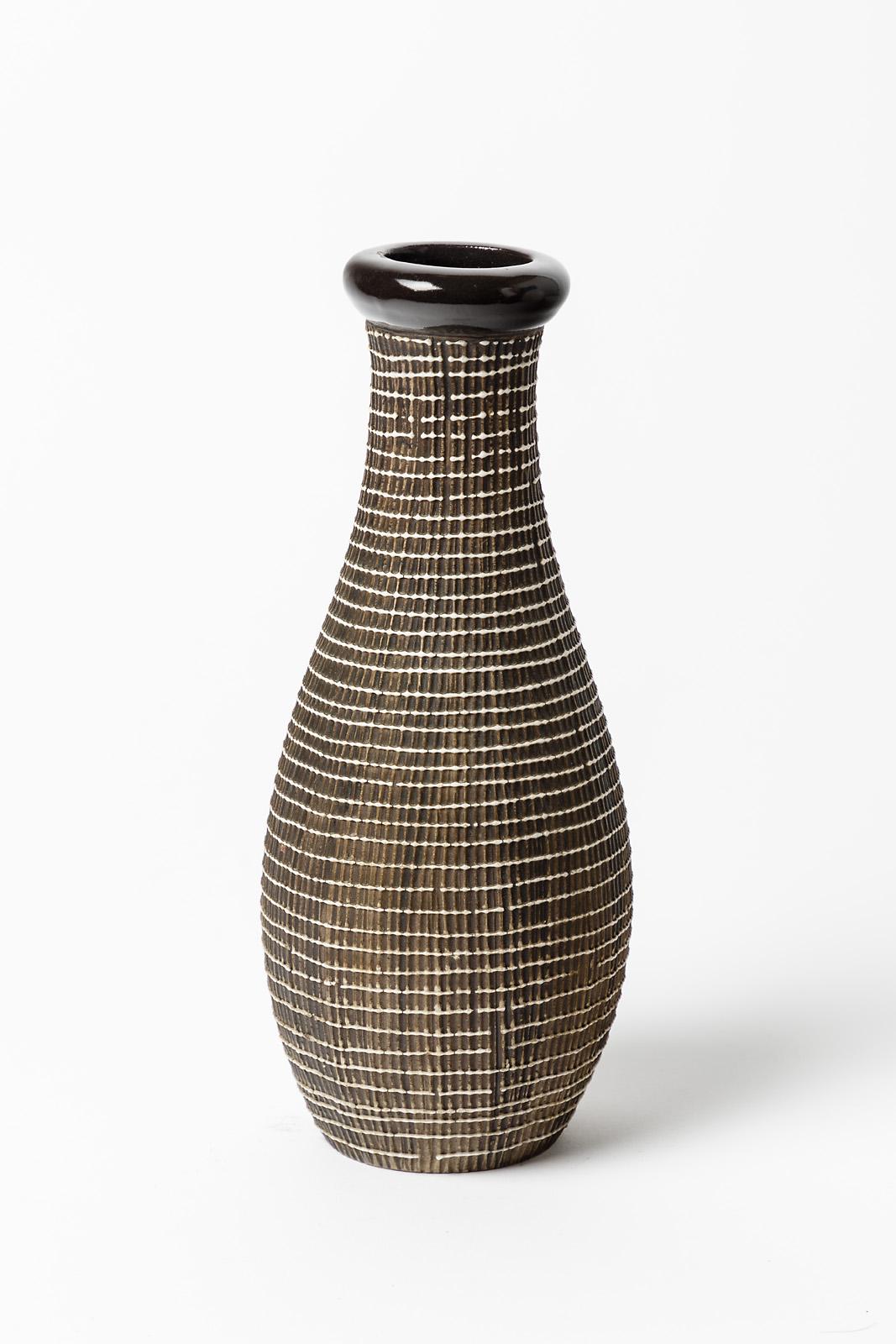 Mid-Century Modern Black and White Xxth Century Art Deco Ceramic Vase by Lucien Brisdoux, 1940