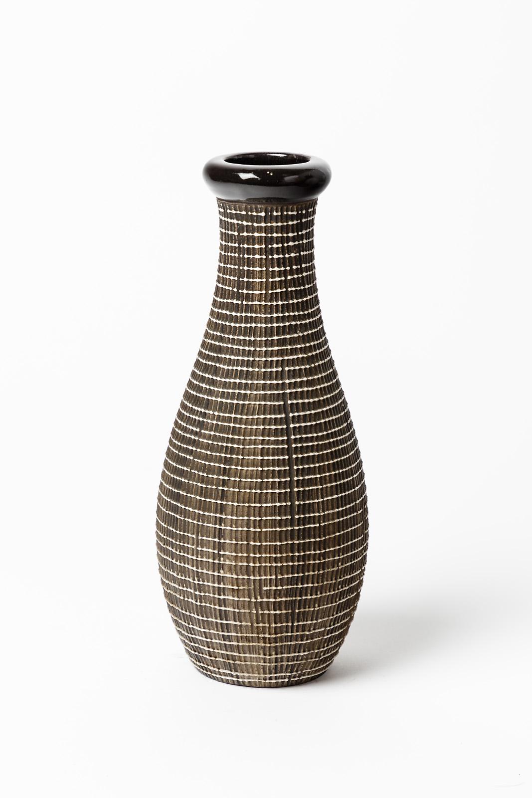 French Black and White Xxth Century Art Deco Ceramic Vase by Lucien Brisdoux, 1940