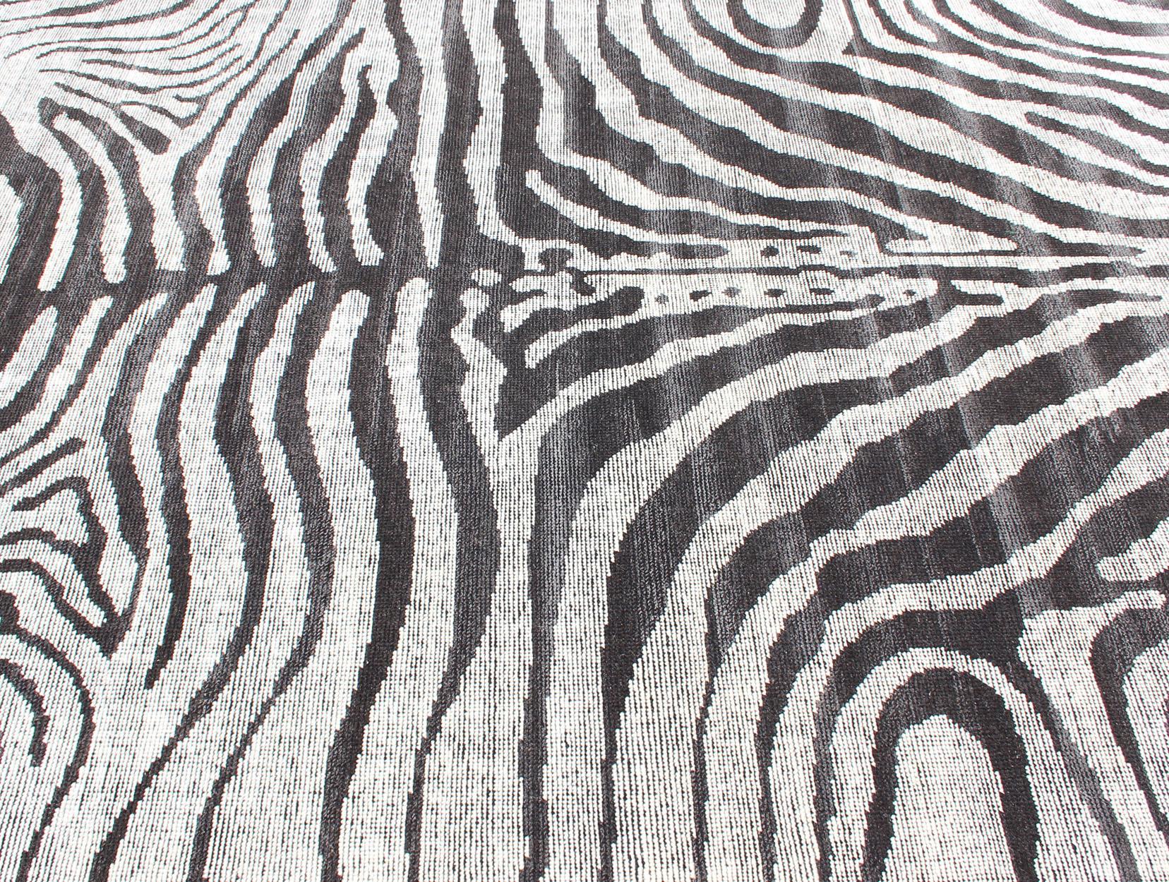 Black and White Zebra Design Distressed Modern Rug For Sale 2
