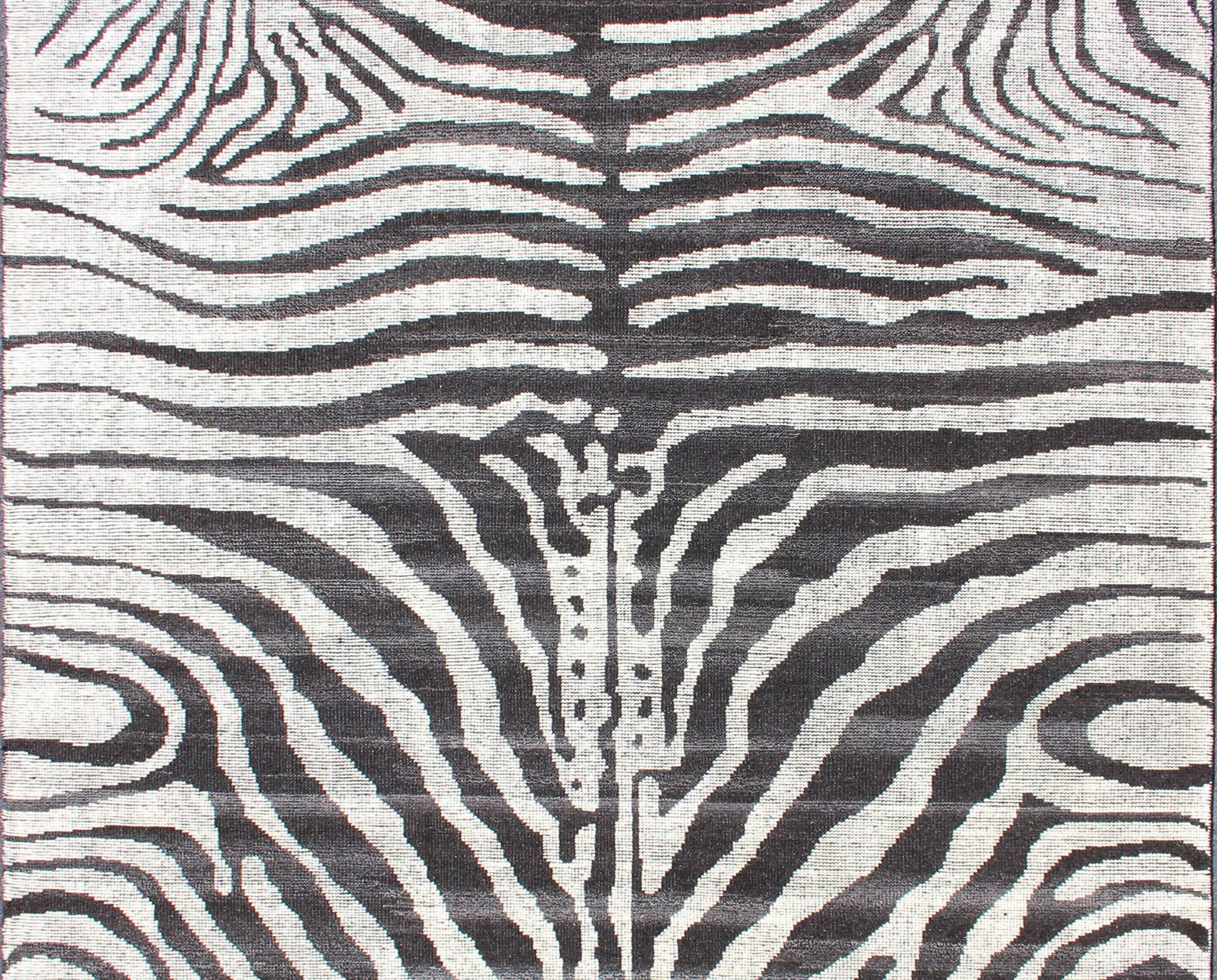 Indian Black and White Zebra Design Distressed Modern Rug For Sale