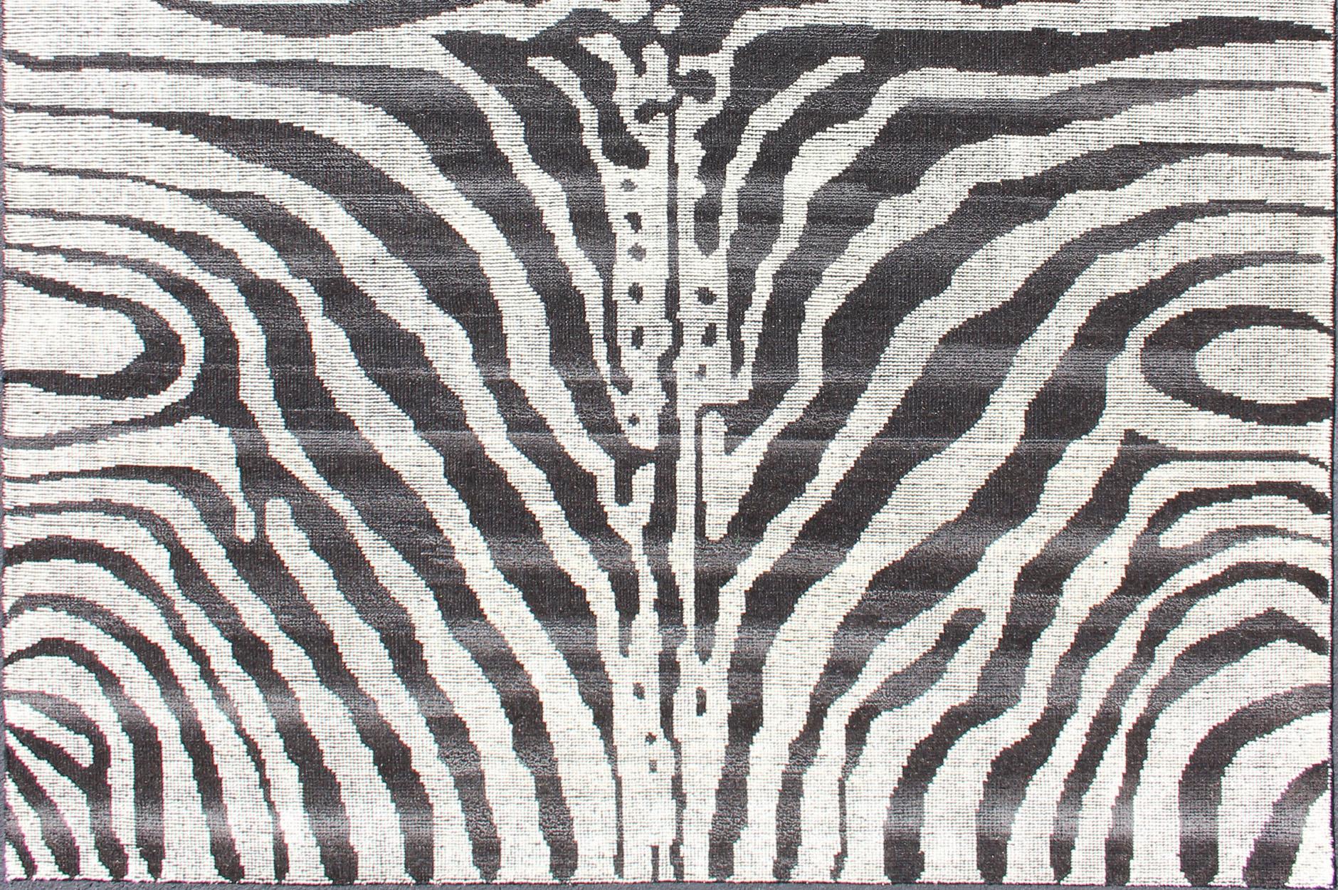 Hand-Knotted Black and White Zebra Design Distressed Modern Rug For Sale