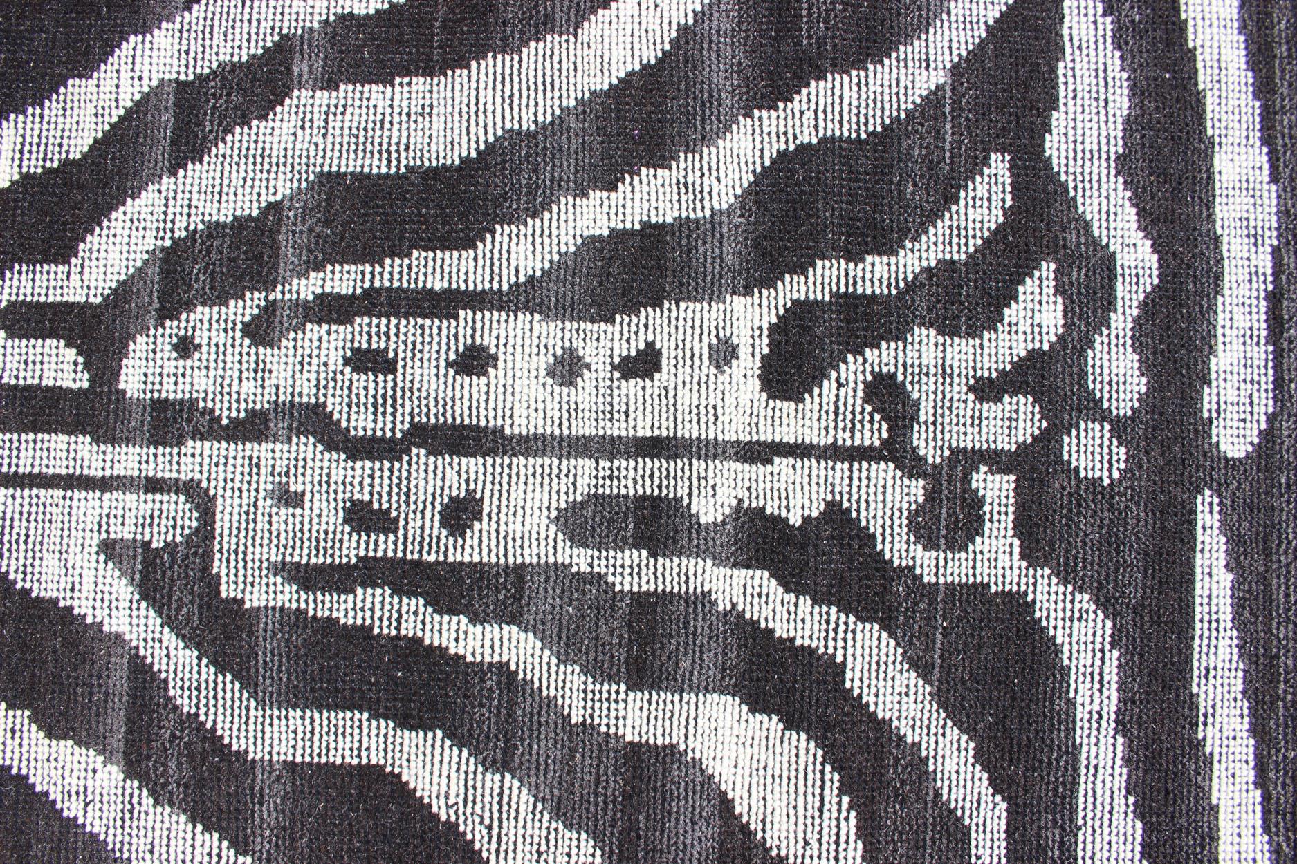 Wool Black and White Zebra Design Distressed Modern Rug For Sale