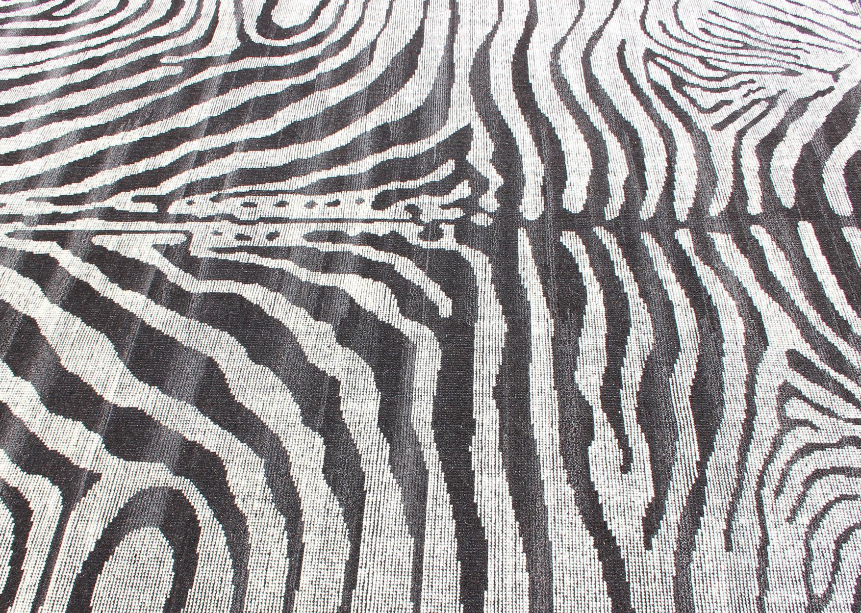Black and White Zebra Design Distressed Modern Rug For Sale 1