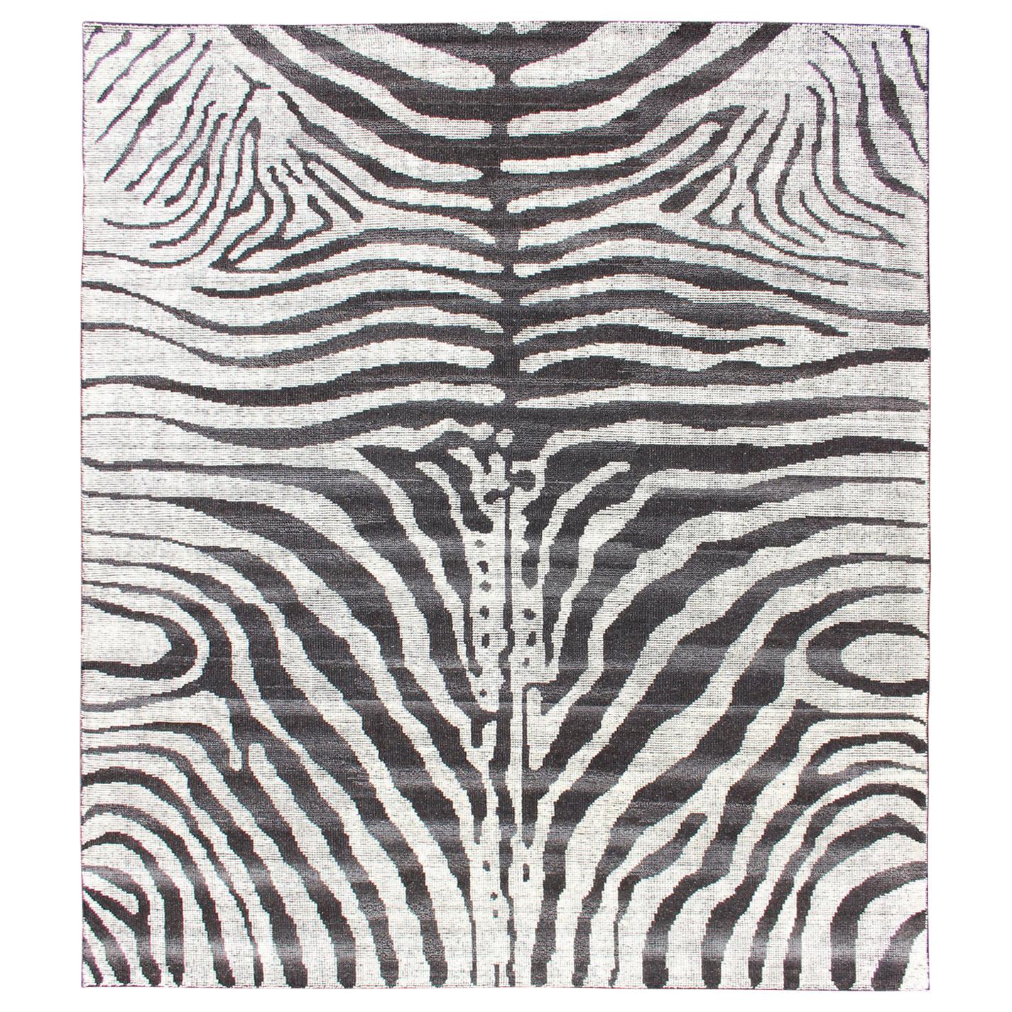 Black and White Zebra Design Distressed Modern Rug For Sale