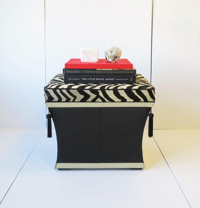 Zebra Skin Bench Stool with Storage Black White with Tassels, circa