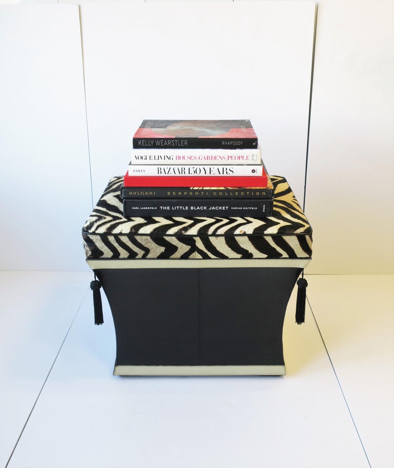 Zebra Skin Bench Stool with Storage Black White with Tassels, circa