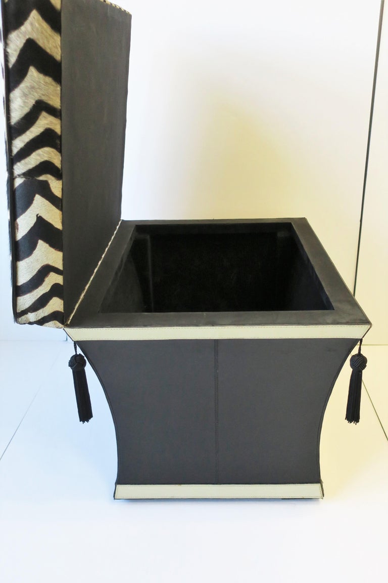 Zebra Skin Bench Stool with Storage Black White with Tassels, circa