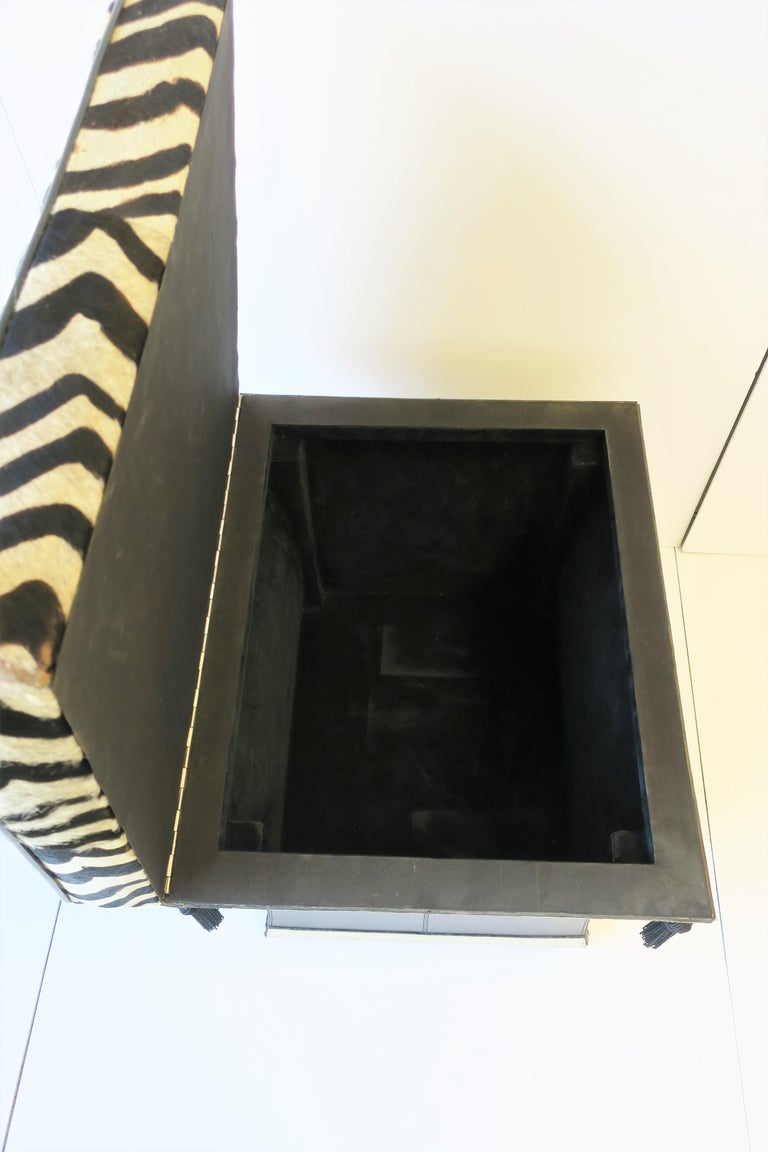 Zebra Skin Bench Stool with Storage Black White with Tassels, circa