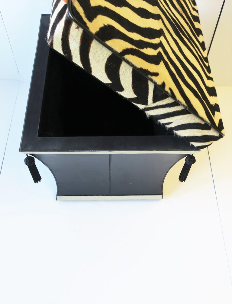 Zebra Skin Bench Stool with Storage Black White with Tassels, circa
