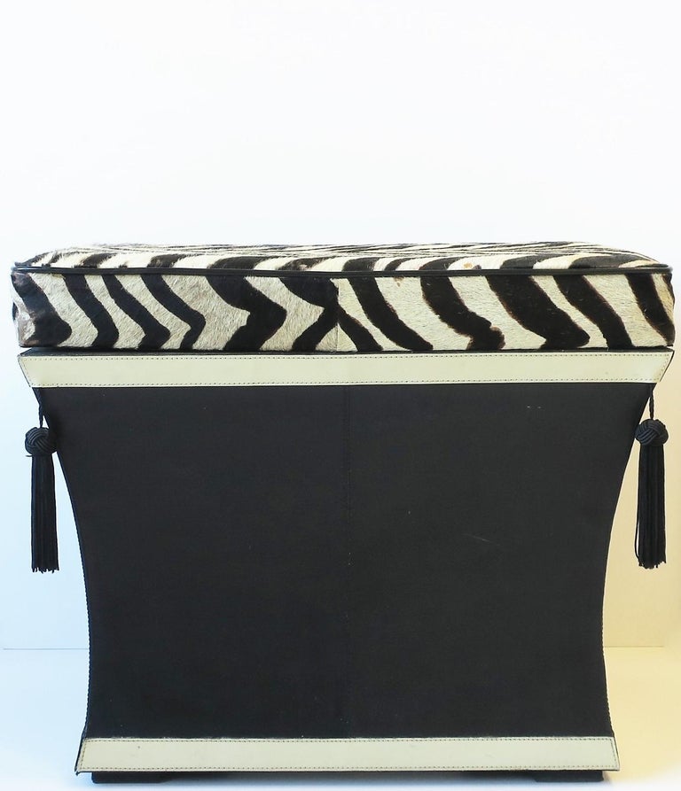Zebra Skin Bench Stool with Storage Black White with Tassels, circa