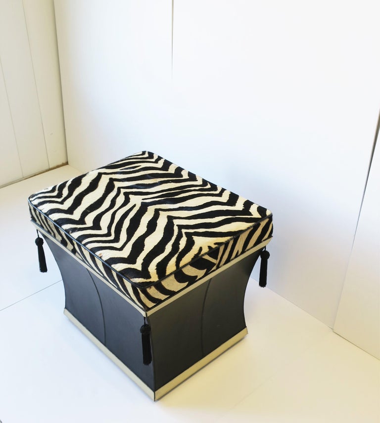 Zebra Skin Bench Stool with Storage Black White with Tassels, circa