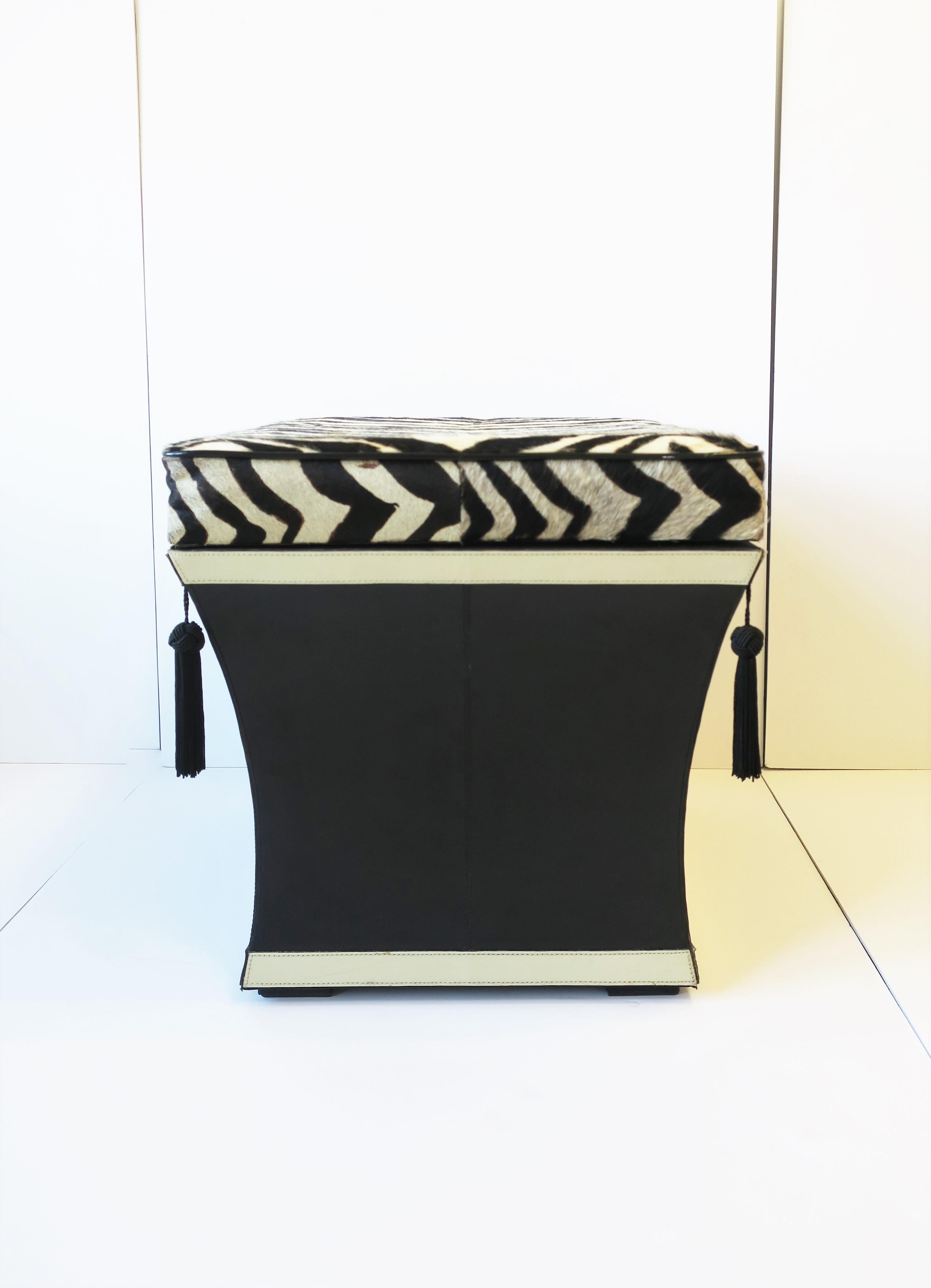 Animal Skin Zebra Hide Bench Stool with Storage Trunk and Tassels, circa 1980s 1990s For Sale
