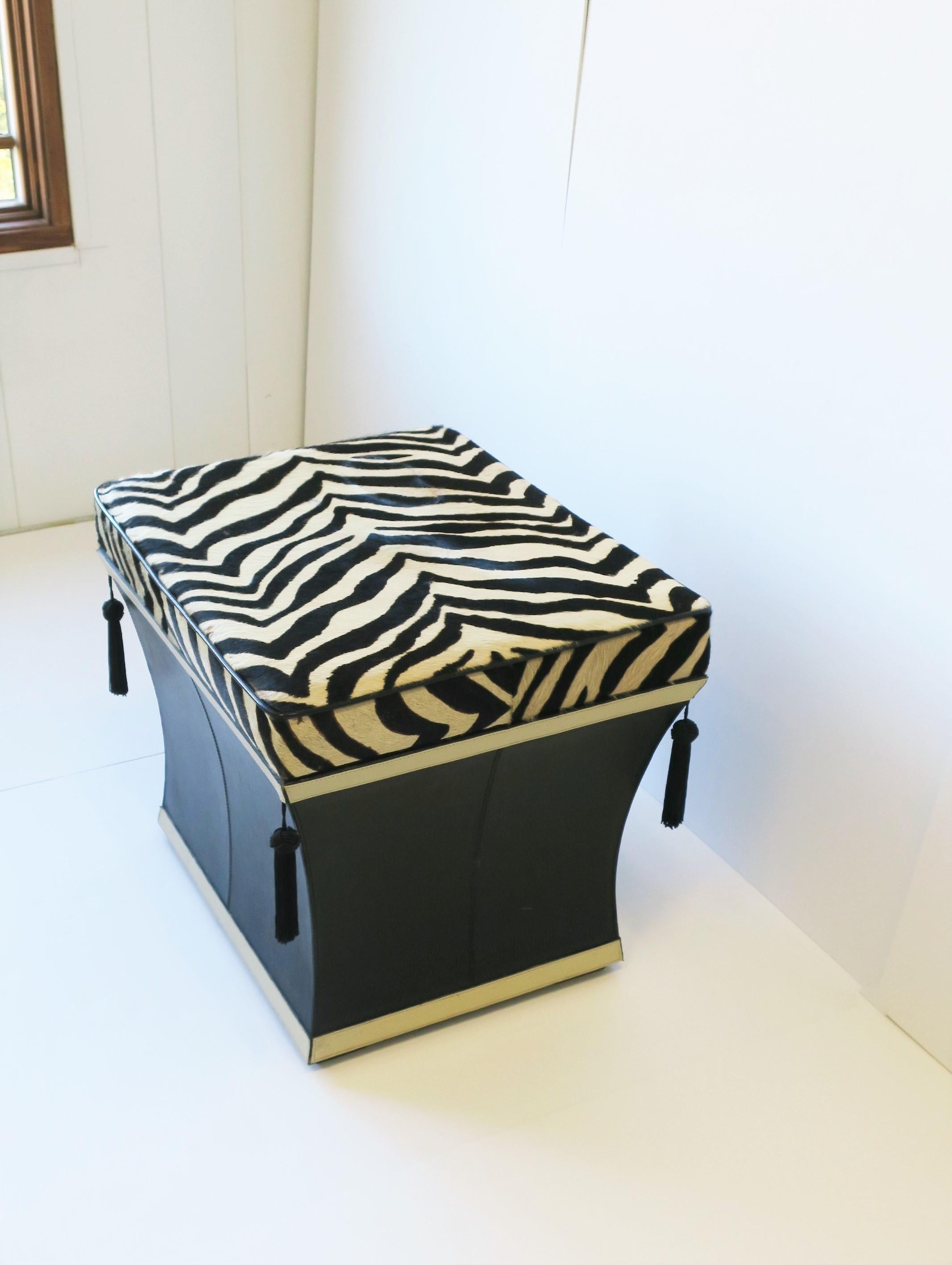 Zebra Hide Bench Stool with Storage Trunk and Tassels, circa 1980s 1990s For Sale 1