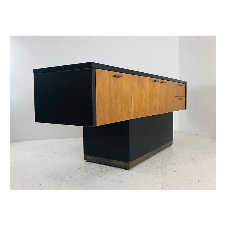 Mid-Century Modern Black and Wood Front T-Console with Brass Accents