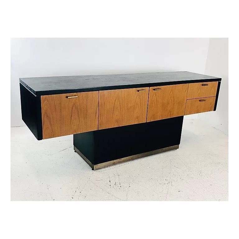 Lacquered Black and Wood Front T-Console with Brass Accents