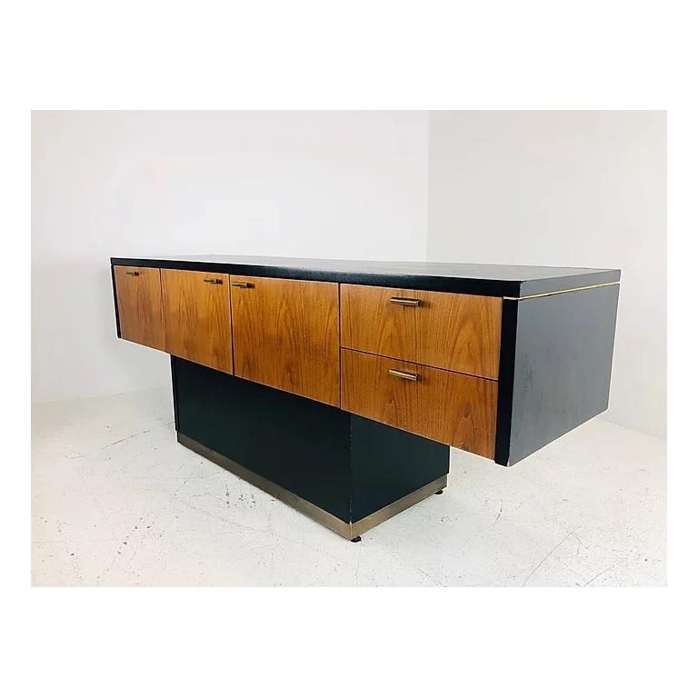 Black and Wood Front T-Console with Brass Accents In Good Condition In Dallas, TX