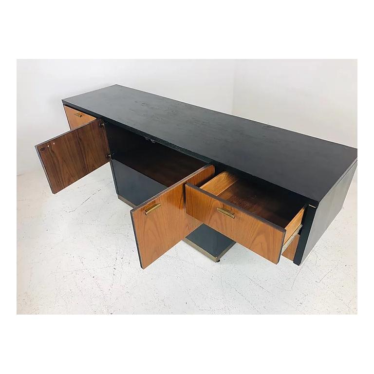 Mid-20th Century Black and Wood Front T-Console with Brass Accents