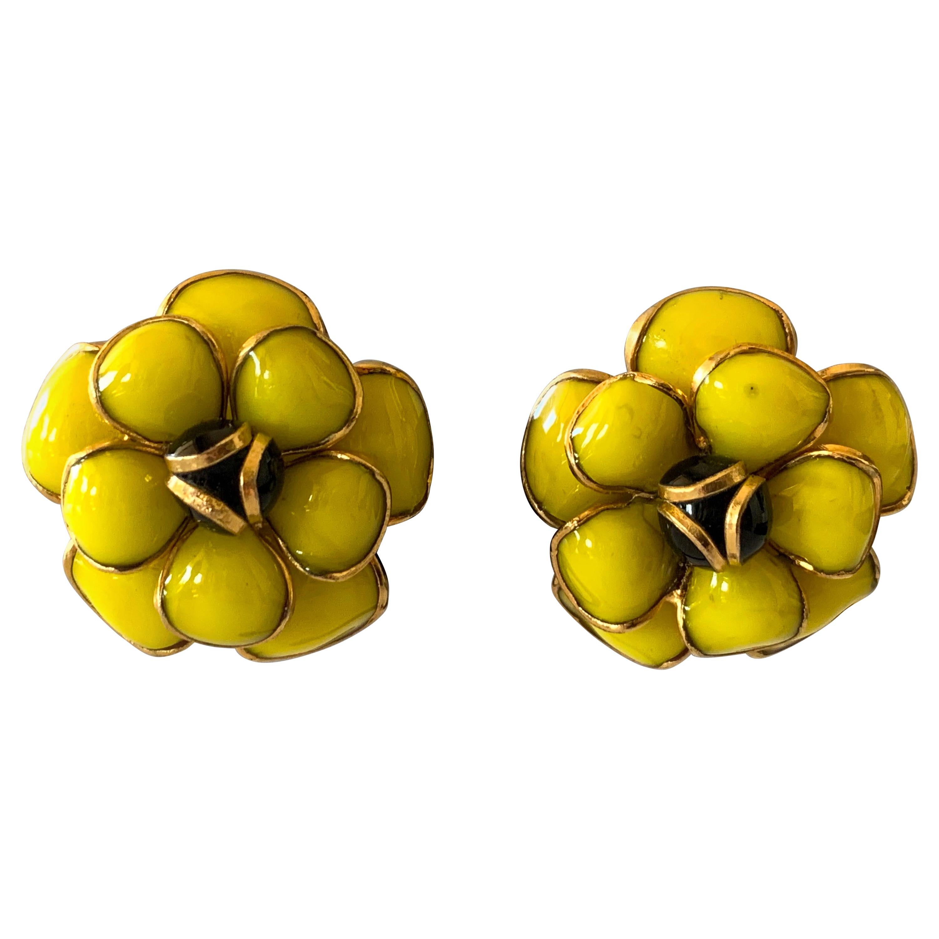 Black and Yellow Camellia "pate de verre" Statement Earrings 