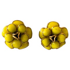 Black and Yellow Camellia "pate de verre" Statement Earrings